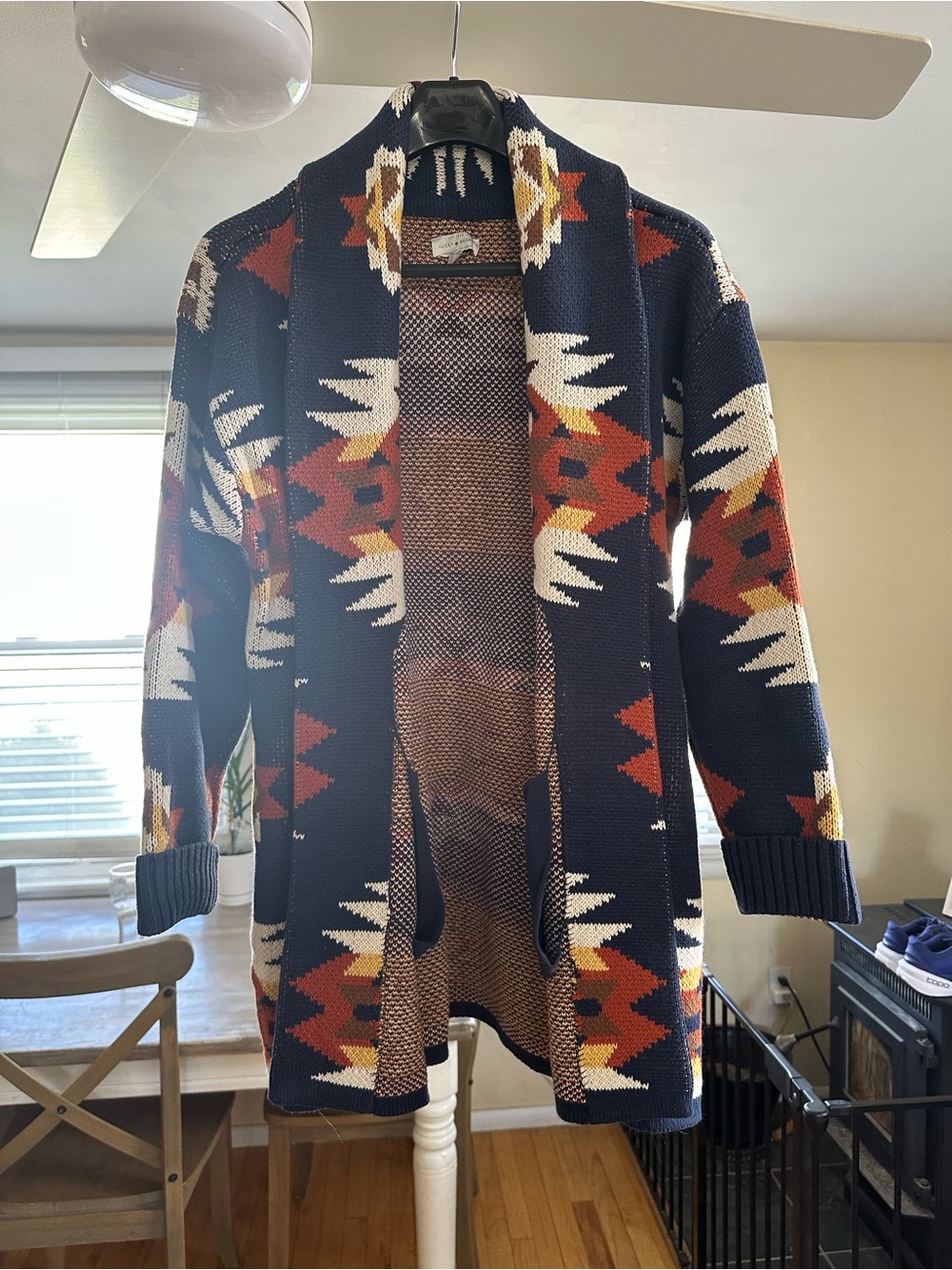 Lucky Brand Navy Aztec Open-Front Cardigan with Rust and Cream Accents